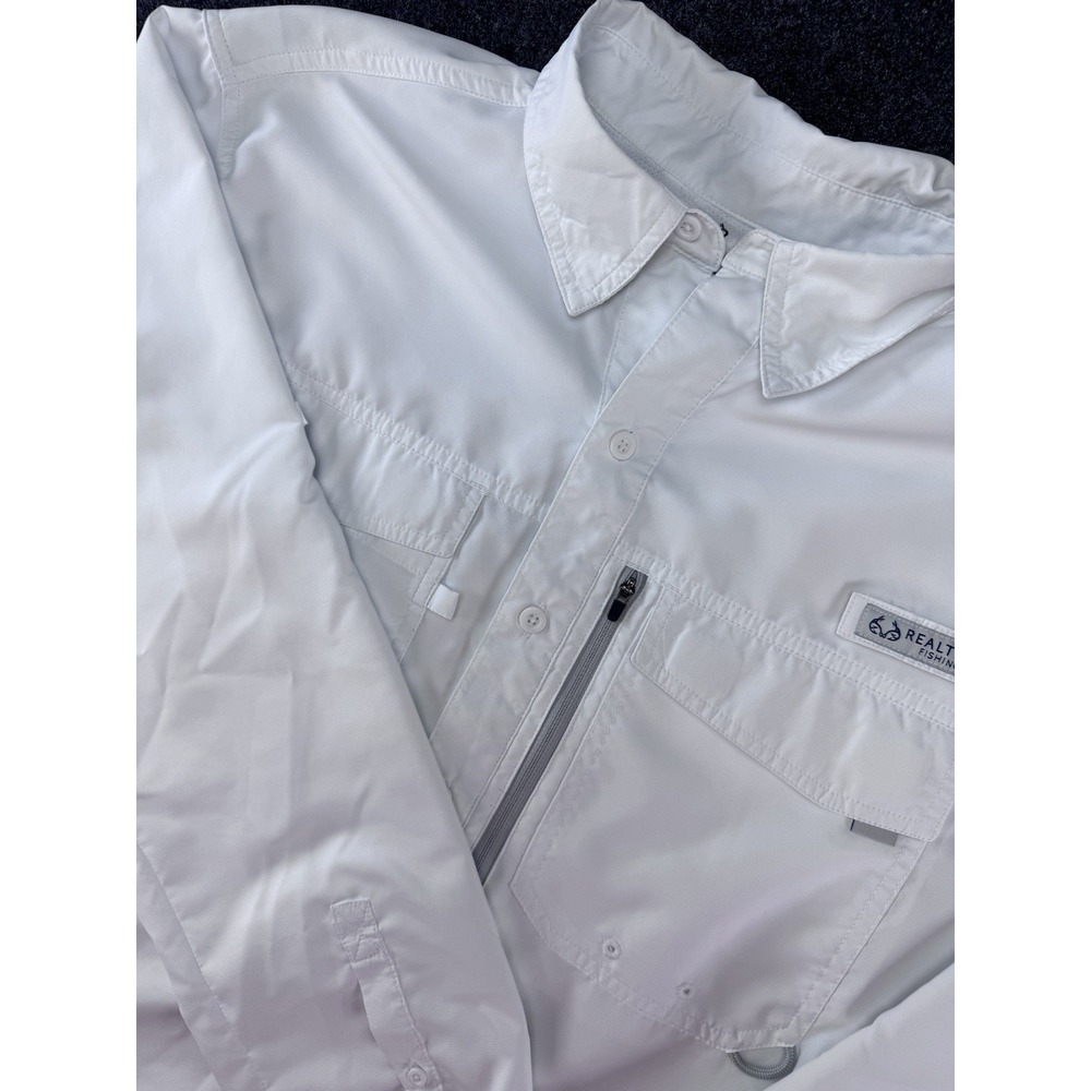 Realtree Fishing White Long Sleeve Performance Shirt Mens Large Button Up